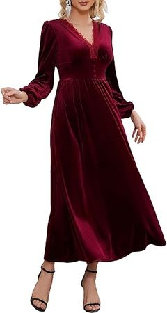 Amazon.com: S. Adriana Long Sleeve Velvet Maxi Dress for Women 2024 Elegant Lace V Neck Flowy Formal Wedding Guest Dress with Pockets, Dark Red, M : Clothing, Shoes & Jewelry