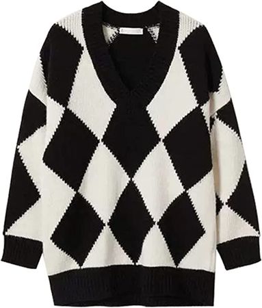 Amazon.com: Lebooa Geometric Black and White Check Sweater, Pullover Loose Knit, V-Neck, Autumn and Winter, Casual Fashion, Size S/M/L(M, Black and White Grid) : Clothing, Shoes & Jewelry