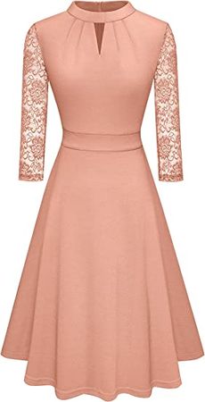 HOMEYEE Women's Round Neck Hollow Out Lace Patchwork Retro Party Dresses A234