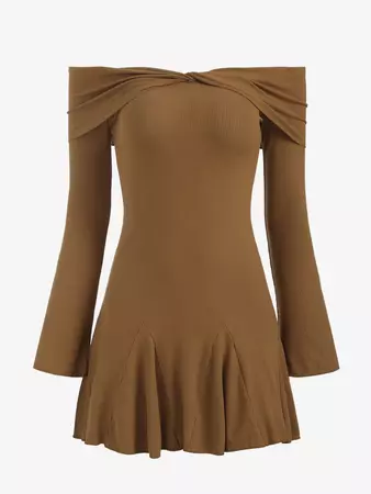 Women's Sexy Off Shoulder Flare Long Sleeves Overlay Solid Color Backless Ruched Mini A Line Rib Dress In COFFEE | ZAFUL 2024