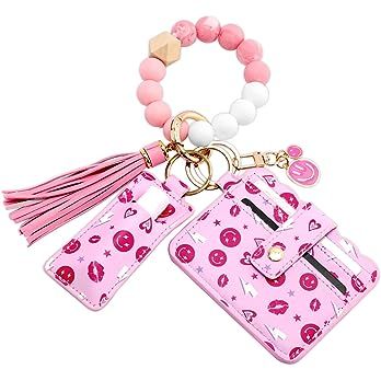 CiyvoLyeen Pink Preppy Wristlet Keychain Silicone Bead Keyring Bracelet Wrist Keychain with Card Wallet Lipstick Holder Smiling Face Pink Heart Y2K Kidcore Aesthetic Trendy Bracelet for Women Girls at Amazon Women’s Clothing store