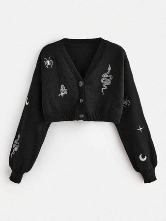 Goth Animal Embroidery Button Front Cardigan | SHEIN