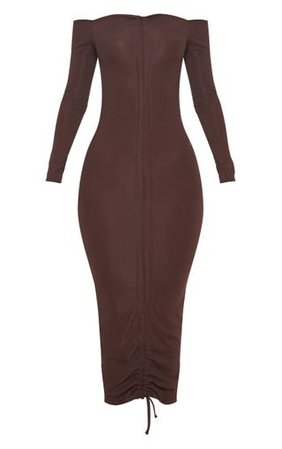 Chocolate Brown Ribbed Bardot Midi Dress | PrettyLittleThing