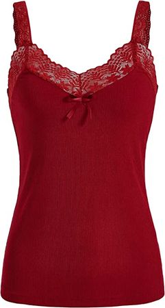 MakeMeChic Women's Contrast Lace Bow Front Sleeveless Ribbed Cami Tank Top Red S at Amazon Women’s Clothing store