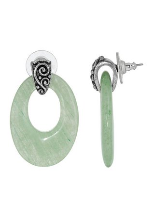 1928 Jewelry Pewter Oval Green Aventurine Hoop Earrings