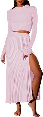 Amazon.com: Pink Queen Women's 2 Piece Sweater Outfits Set Long Sleeve Crop Top Ribbed Split Bodycon Midi Long Skirt Knit Dresses : Clothing, Shoes & Jewelry