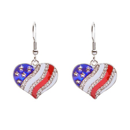 Patriotic American Flag Sparkle Crystal Rhinestone Wave Heart Earrings E685
