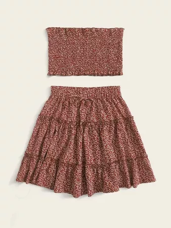 Frill Trim Ditsy Floral Shirred Tube Top & Skirt Set | SHEIN USA brown