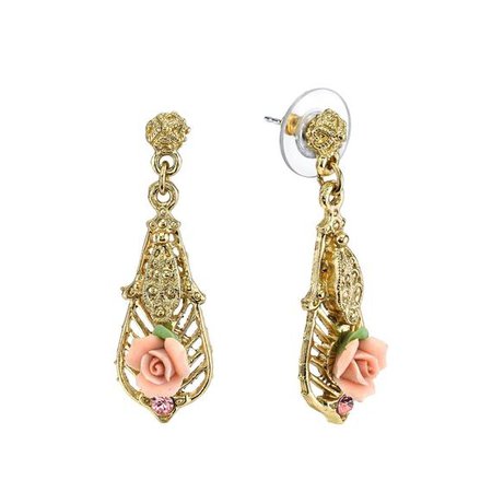 1928 Jewelry Gold-Tone Pink Porcelain Rose with Pink Accent Drop Earrings