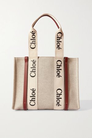 Chloé Woody medium leather-trimmed cotton-canvas tote