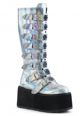 Demonia Holographic Damned-318 Boots | Cyber Goth and Rave Festival Shoes