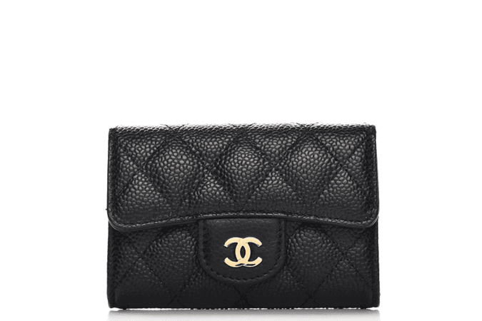 Chanel Card Holder Quilted Caviar Gold-tone Black wallet