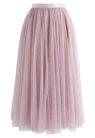 Sequined Double-Layered Mesh Tulle Midi Skirt in Pink - NEW ARRIVALS - Retro, Indie and Unique Fashion