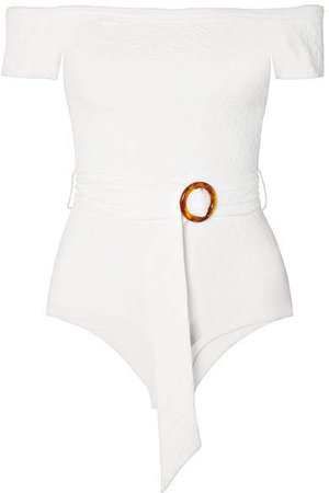 Peony - Off-the-shoulder Belted Jacquard-knit Swimsuit - White