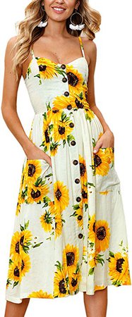 Angashion Women's Dresses-Summer Floral Bohemian Spaghetti Strap Button Down Swing Midi Dress with Pockets at Amazon Women’s Clothing store