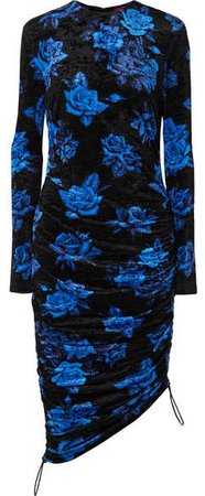 Commission - Ruched Floral-print Velvet Dress - Blue