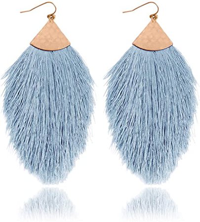 Amazon.com: RIAH FASHION Bohemian Silky Thread Tassel Statement Drop Earrings - Strand Fringe Lightweight Feather Shape Dangles, Diamond Fan, Triangle Duster (Petal Tassel - Baby Blue): Clothing