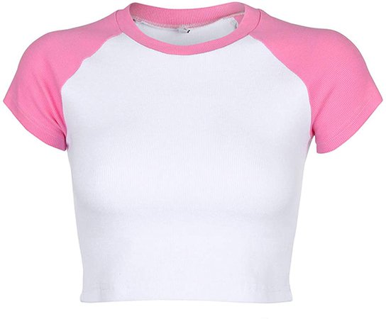 Lancifolium Women’s Basic Round Neck Short Sleeve Crop Top Raglan Sleeve Ribbed Cropped T-Shirt Color Block Crop Tee Shirt (S, Pink White) at Amazon Women’s Clothing store