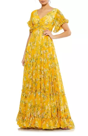 Mac Duggal Floral Flounce Sleeve A-Line Gown | Nordstrom