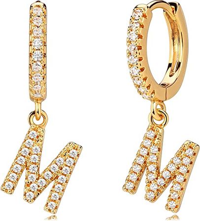 Amazon.com: Mevecco 18K Gold Filled Gold CZ Pave M Initial Drop Huggie Earrings Diamond Cut Cubic Zircon Inlayed Letter Dangle Charm Initial Huggie Hoop Earrings Personalized Dainty Tiny Symbolic Jewelry Gift: Clothing, Shoes & Jewelry