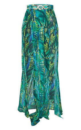 Green Tropical Gold Trim Split Front Beach Skirt | PrettyLittleThing USA