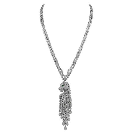 Cartier Diamond Emerald Onyx Platinum Panther Necklace