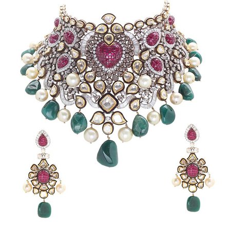 Anmol Jewellers, polki necklace with rubies and tumbled emeralds