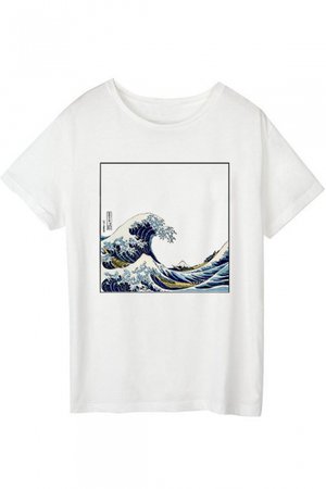 White Crewneck Short Sleeve Wave Fresco Pattern White Casual T-Shirt - Beautifulhalo.com