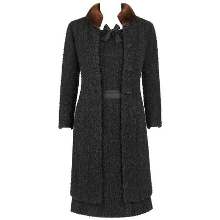 CHANEL c.1960's Haute Couture Black Boucle Wool Mink Coat and Sleeveless Dress Set at 1stdibs