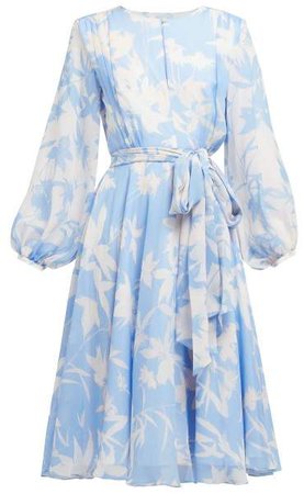 Beulah - Nandita Blue Shadow Floral Print Silk Midi Dress - Womens - Blue White