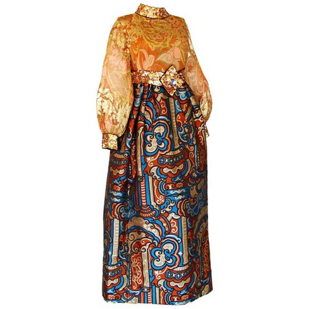 Burke Amey Evening Gown Exquisite Gold Silk + Bold Brocade Tapestry + Belt 70s S For Sale at 1stdibs