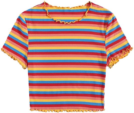 Amazon.com: LYANER Women's Rainbow Striped Short Sleeve Crewneck Lettuce Trim Crop Tee T-Shirt Top Red Small: Clothing