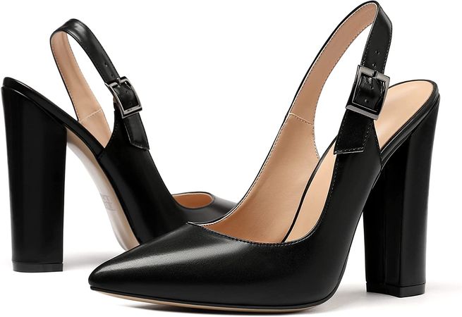 Amazon.com | YODEKS Women's Chunky Block Heel 12cm/4.7'' Pointed Toe Classic High Heel Slip On Elegant Slingback Ankle Strap Shoes | Pumps