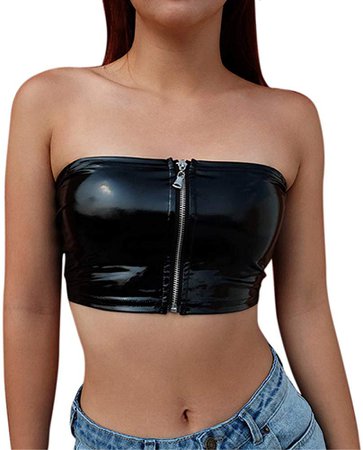 Women Sexy Black PU Leather Tube Top Front Zipper Bandeau Crop Top for Party, Festival, Rave, Concert at Amazon Women’s Clothing store