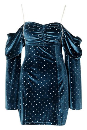 Spotted Velvet Diamante Trim Mini Dress | Boohoo