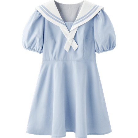Plain Sailor Collar Puff Sleeve Dress – LEDIN