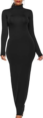 FYEARFOX Women’s Plus Size Long Sleeve Maxi Dress Turtleneck Floor Length Slim Plain Basic Bodycon Dresses at Amazon Women’s Clothing store