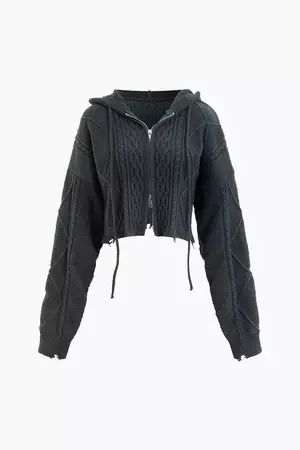 Hooded Destroyed Zip Up Cable Knit Cardigan – Micas