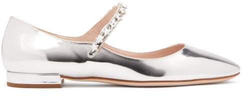 Crystal Embellished Patent Leather Mary Jane Flats - Womens - Silver