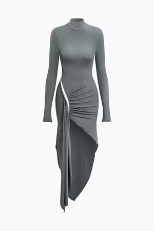 Asymmetrical Hem Ruched Turtleneck Long Sleeve Dress – Micas