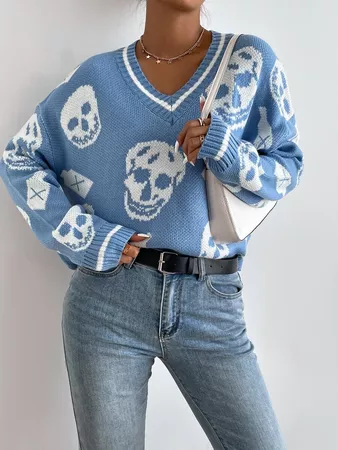 Skull Pattern Drop Shoulder Sweater | SHEIN USA