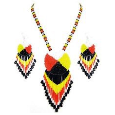 Hand Made White, Yellow, Red & Black Seed Beaded Medicine Wheel Necklace Earrings Set