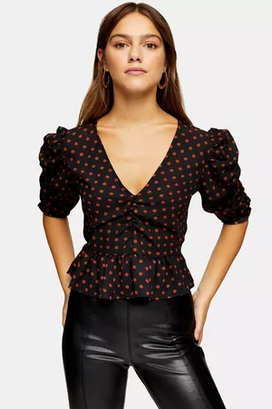 PETITE Black and Red Spot Ruched Sleeve Top | Topshop