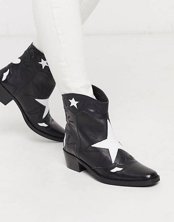 Pull&Bear leather star western boots in black | ASOS
