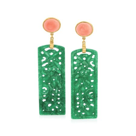 Ross-Simons Carved Jade and Pink Coral Drop Earrings