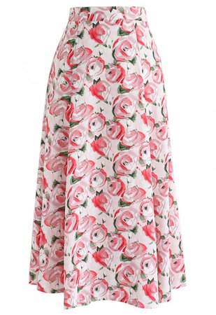 Red Rose Printed A-Line Midi Skirt - NEW ARRIVALS - Retro, Indie and Unique Fashion