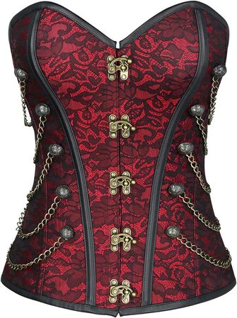 Charmian Women's Steampunk Gothic Retro Jacquard Steel Boned Strapless Brocade Overbust Corset with Chains Red XX-Large at Amazon Women’s Clothing store