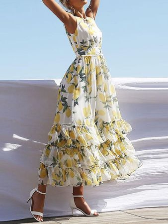 White Lemon Print Cascading Ruffle Pleated Bohemian Beachwear Maxi Dress - Maxi Dresses - Dresses