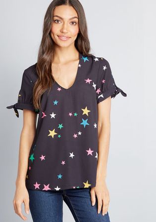 ModCloth Ideal Discovery Short Sleeve Blouse in Black Star Print | ModCloth