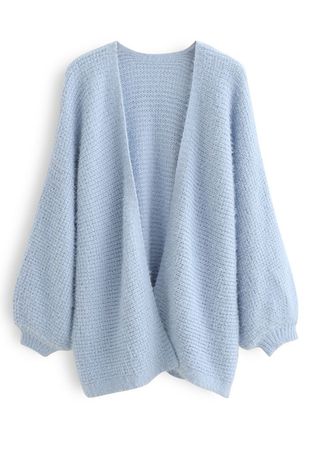 Fuzzy Open Front Waffle Knit Cardigan in Blue - Retro, Indie and Unique Fashion